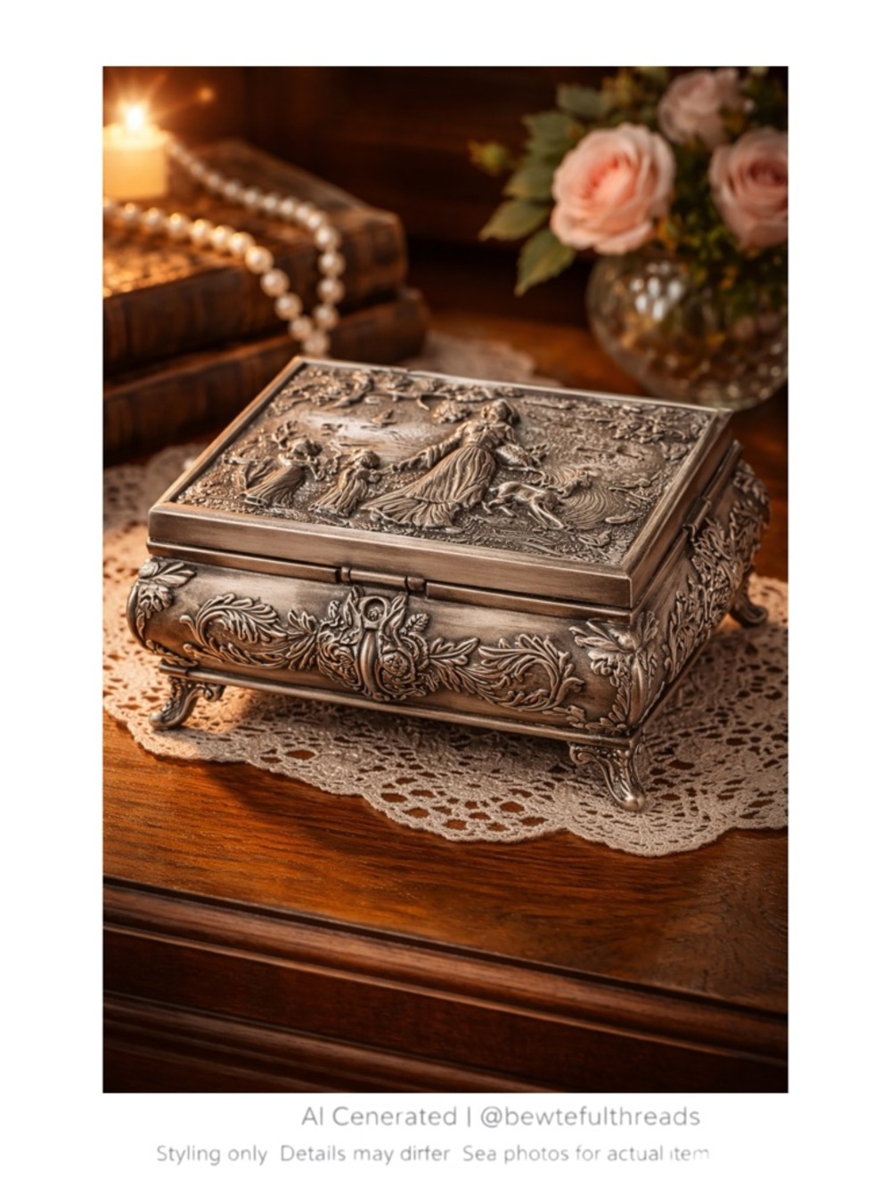 Vintage Silver Tone Footed Jewelry Box Ornate Figural Trinket Casket